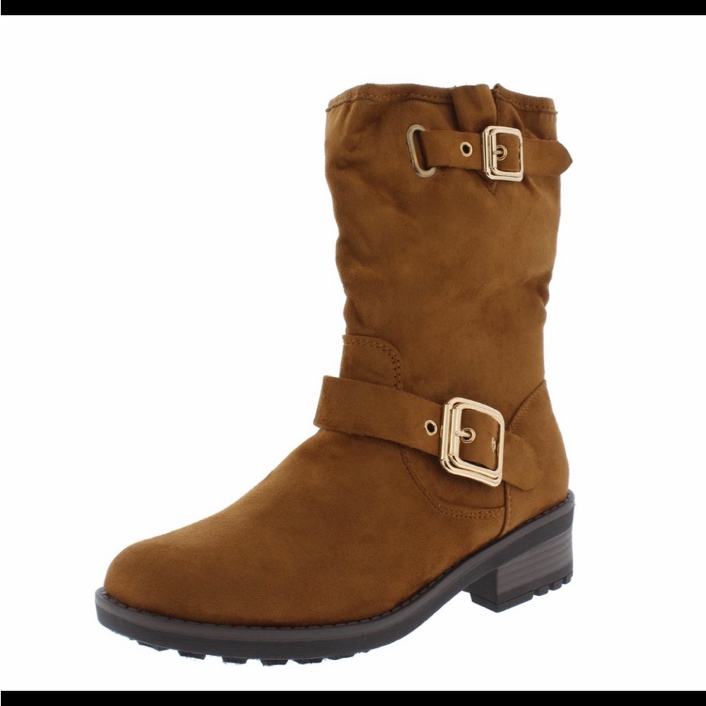 Moto boots, manmade suede look with gold buckles.Stack heel approx with lug sole